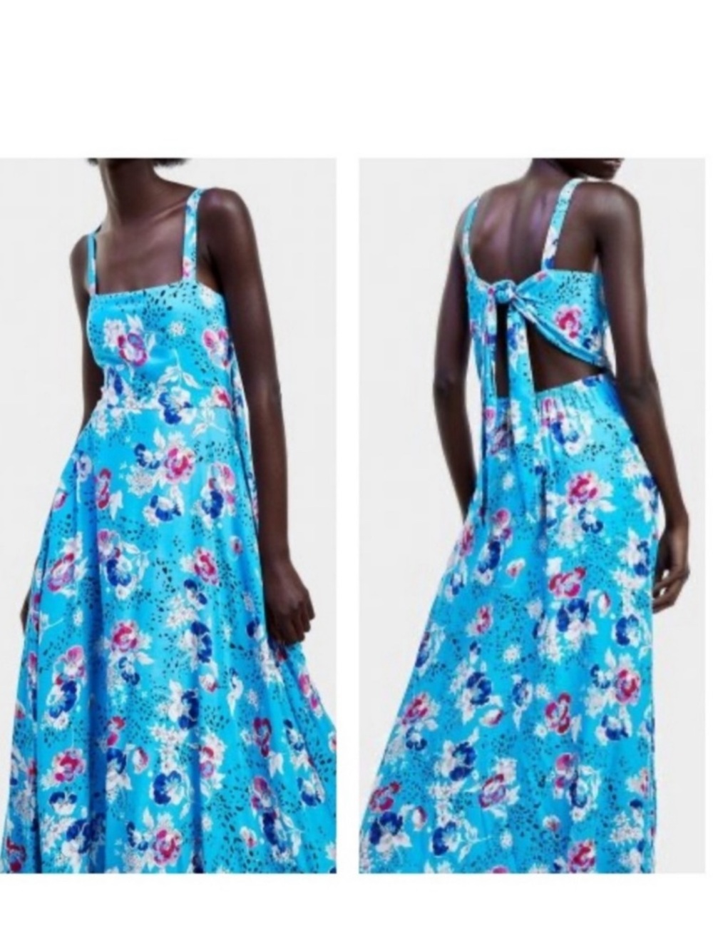Zara Floral Printed Open Tie Back Cut Out Long Sundress Blue Size Small